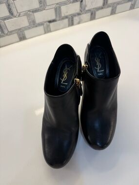 Yves Saint Laurent Black Leather Ankle Booties with Gold Buckle